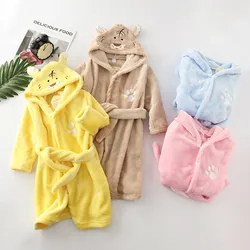 1-8Y Autumn Winter Kids Hooded Bathrobe Baby Bath Robes Boys Girls Cartoon Rabbit Panda Flannel Pajamas Long Sleeve Towel Robe