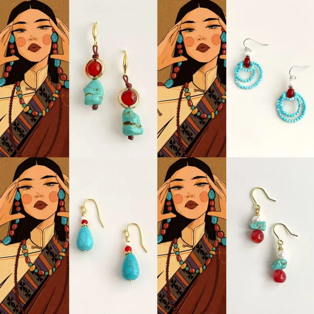 

Ethnic Tibetan Earrings for Women Turquoise Red Agate Nepalese Exotic Retro Style Luxury Jewelry Mysterious Blessing Accessories