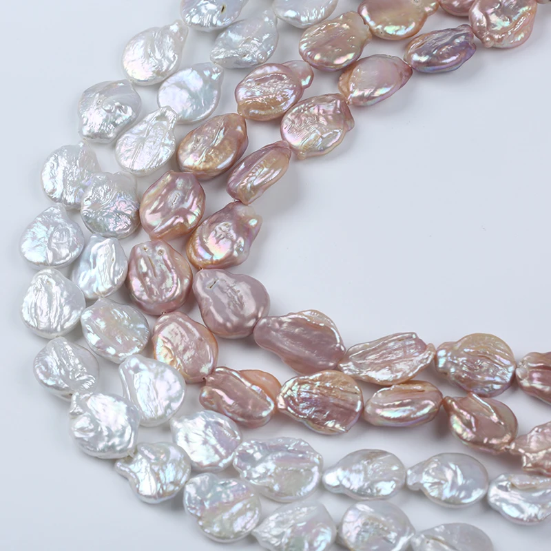 16-17mm White Pink  Keshi Pearls Coin Shape  Freshwater Pearls Strand