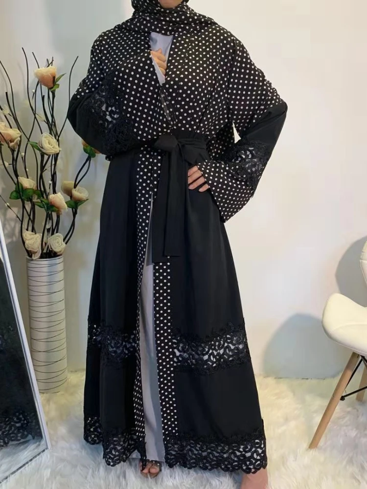 Eid Muslim Abayas for Women Cardigan Kimono Lace Polka Dot Party Abaya Morocco Caftan Ramadan Islam Dubai Arab Long Robe 2024