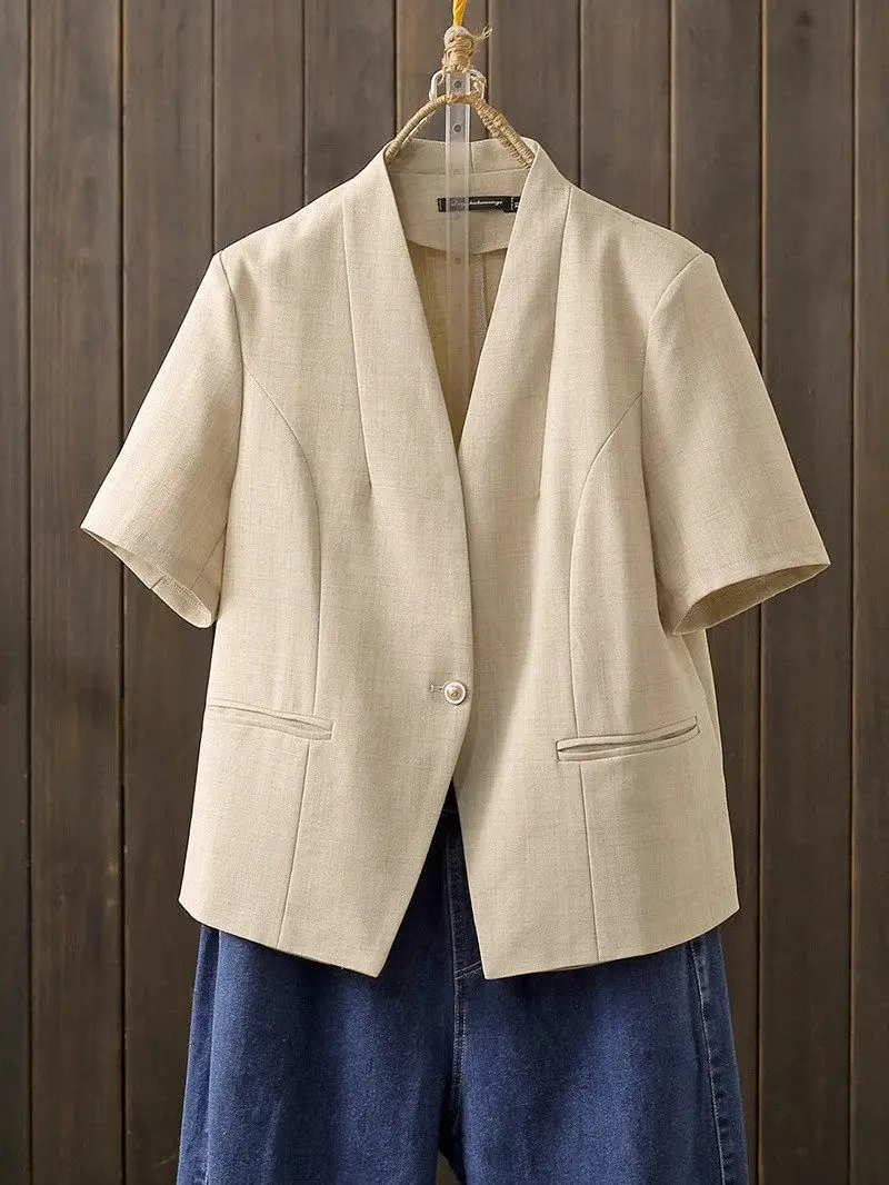 Summer Large Size Collarless Suit Jacket High-End Versatile Professional Casual Short Sleeve Thin Blazer G1127