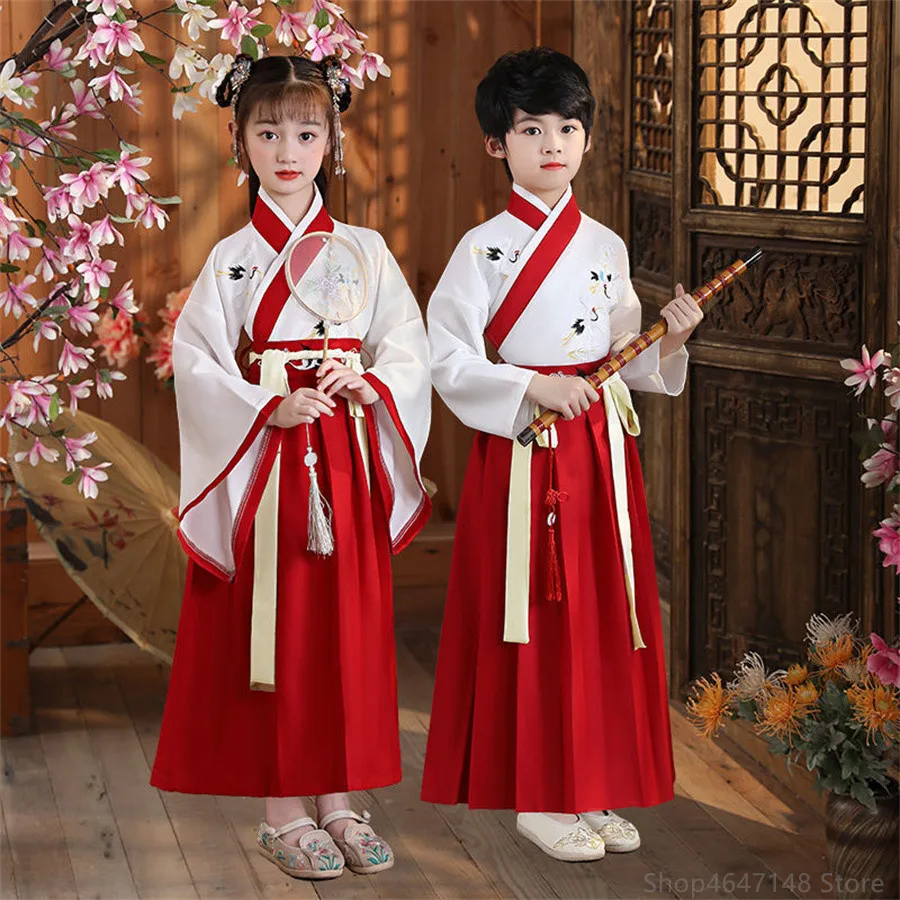 

Chinese silk robe Costume Boyls Children Kimono Hanfu China Traditional Vintage Ethnic Students warrior Dance Costume Hanfu set