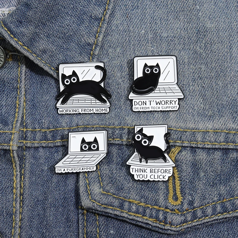 

Funny Black Cat Enamel Pins Creative THINK BEFORE YOU CLICK Brooches Cute Cartoon Animal Lapel Badges WORKING FROM HOME Jewelry