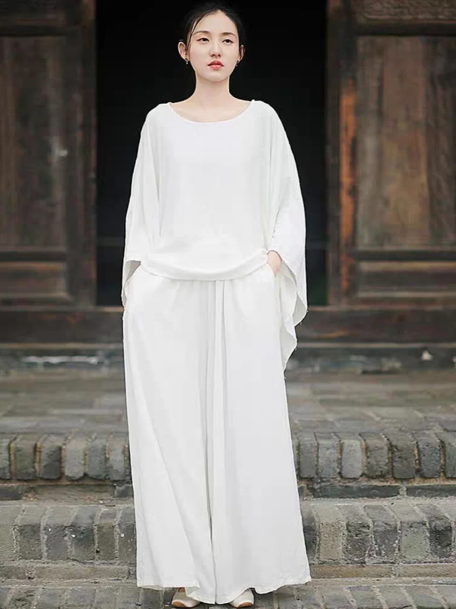 

Chic White round Ne Kimono Top Loose High Waist Wide Leg Pants Women's Tee Piece Set Summer Faion Casual Cotton Suit