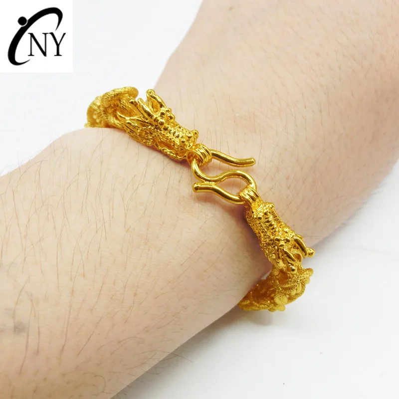 24K pure gold vacuum 9999 men's cloth patterned double dragon head real gold bracelet jewelry