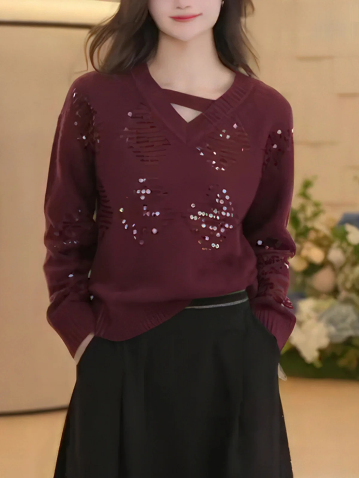 

Faionable V-Ne Women's Sweater Heavy Embelliment Loose Fit Slimming Bright Sequins Red Vintage Sle Autumn Winter New ...