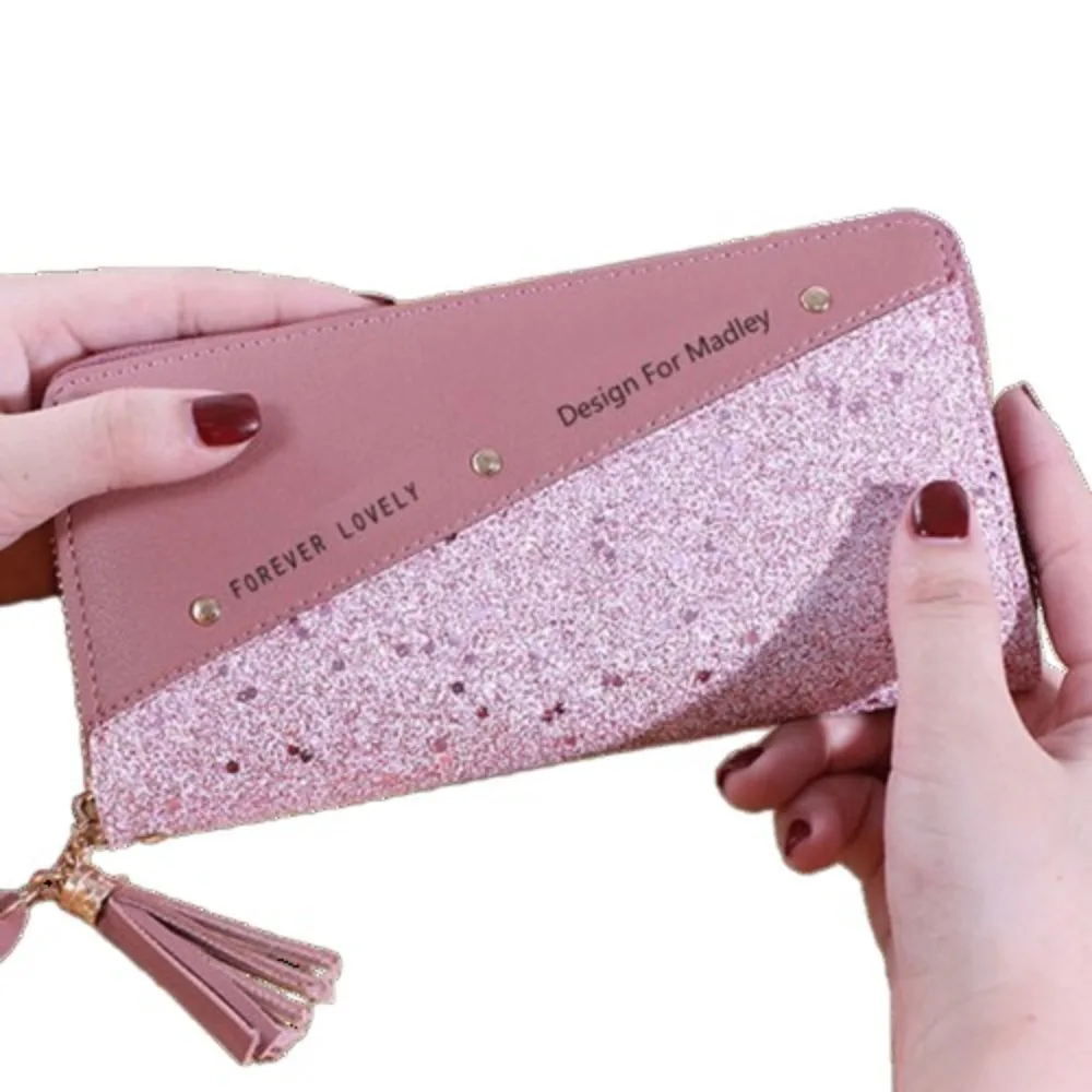 

Zipper PU Leather Women Long Purse Tassel Pendant Shiny Woman Clutch Wallet Color Contrast Multi-card Slot Square Card Bag Lady