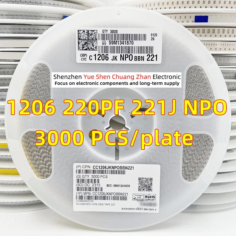 

Patch Capacitor 1206 221J 220PF 220P 1000V 1KV Error 5% Material NPO/COG Genuine capacitor（Whole Disk 3000 PCS）