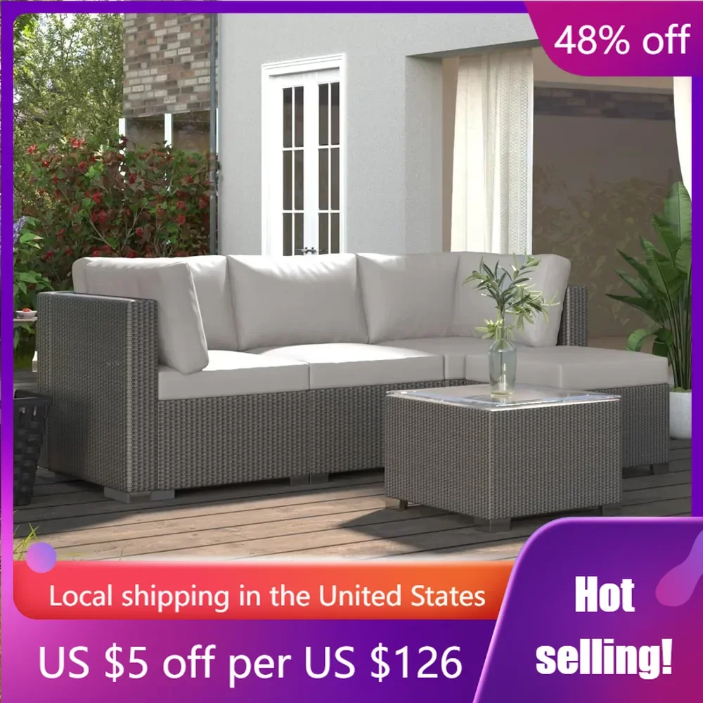 

5-Piece Outdoor Patio Rattan Wicker Sofa Set,Sectional with Thickened Back Cushion,Glass Tabletop,Courtyard Space,Light-grey