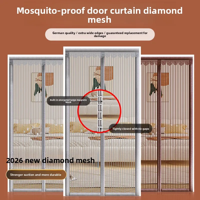 Summer Magnetic Anti-Mosquito Door Curtain with Self-Adhesive  Blocks, Home Use Diamond Mesh, No Drilling Required