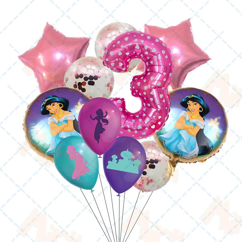 Fioletowa księżniczka Jasmine lateksowa balonowa dziewczyna materiały urodzinowe Home Decor numer Ballon Baby Shower dekoracje ślubne