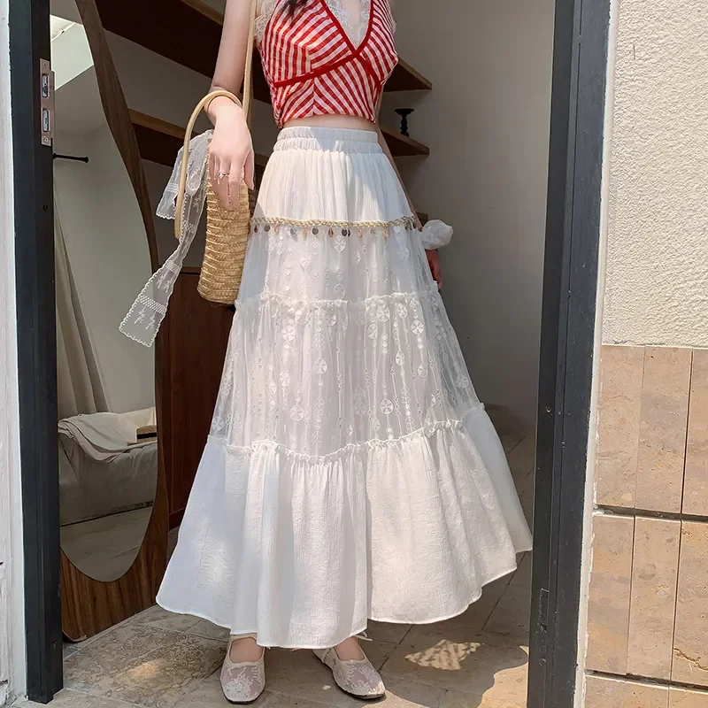 

Французская кружевная юбка с пайетками и вставками для женщин, летняя новинка, ретро-стиль, с завышенной талией, утягивающая, многоярусная юбка-тортик