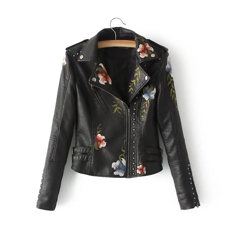 UHYTGF Coat Womens Vintage Floral Print Embroidery Faux Soft PU Leather Jacket Female Lapel Moto Biker Black Punk Outerwear 2764