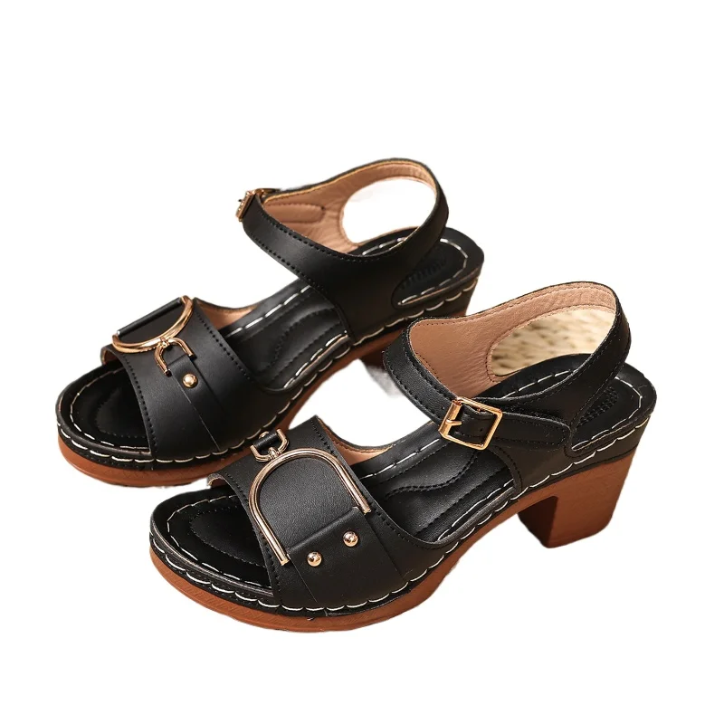 

Модные однотонные сандалии 2026 года для женщин на массивном каблуке с регулируемым ремешком и пряжкой, летние, большие размеры 36-43