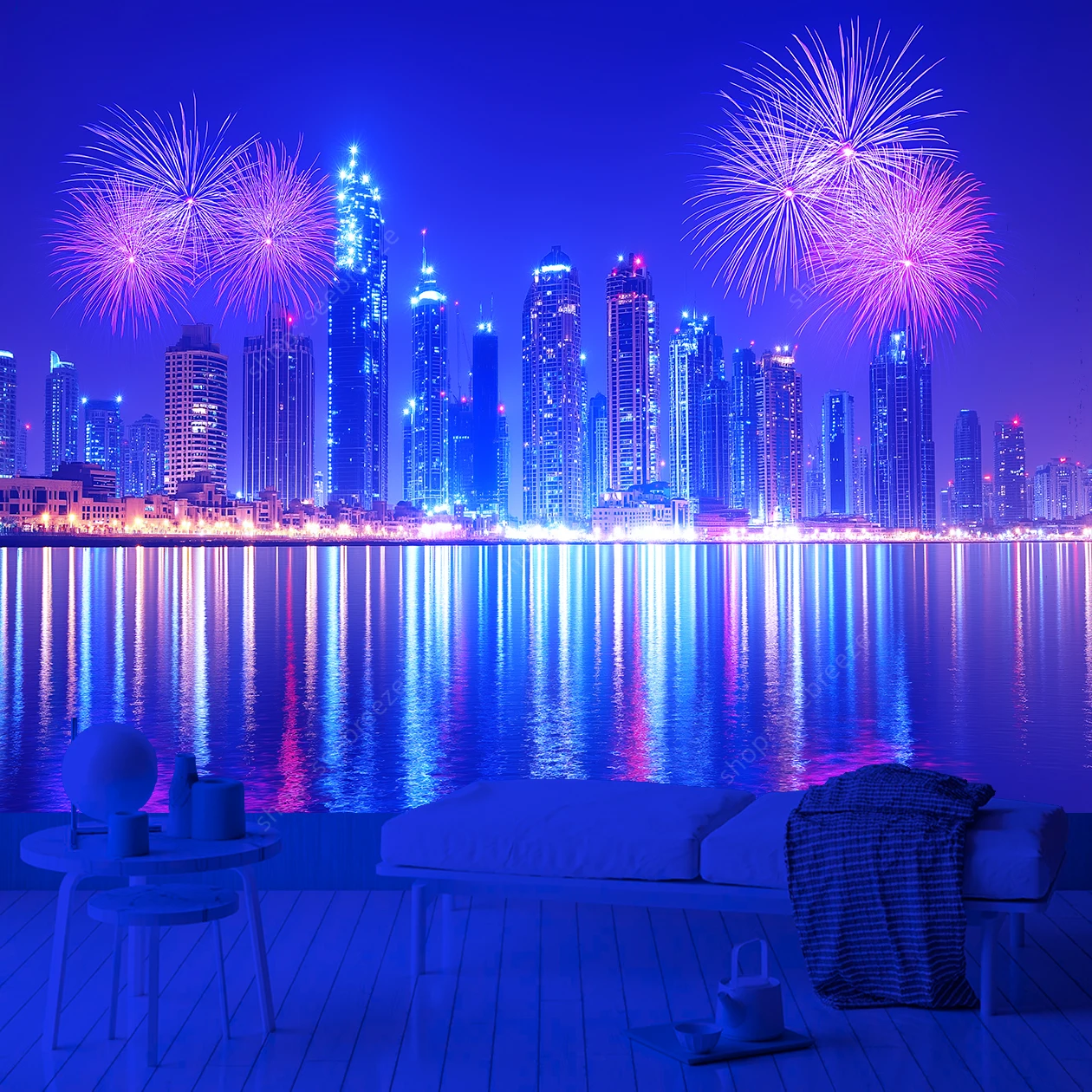 UV Reactive Tapestry The Night View of New York City Bay Port and Skyscrapers Tapestry for Aesthetic Room Decor Gift for Friends