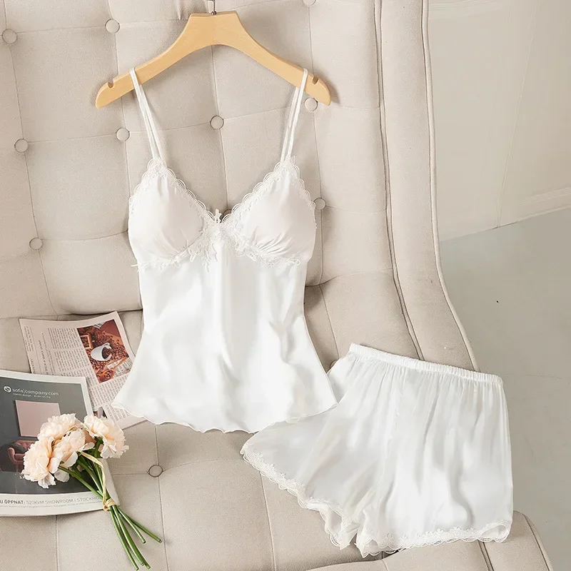 

Sexy Lace Homewear Sleep Set Satin White Women 2PCS Pajamas Suit Summer New Novelty Nightwear Intimate Lingerie Pyjamas