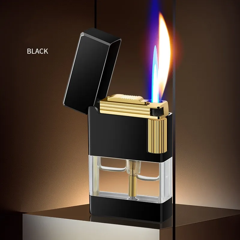 New Metal Transparent Oil Window Double Flame Lighter Butane Gas Windproof Personality Convenient Portable Lighter Gift For Men