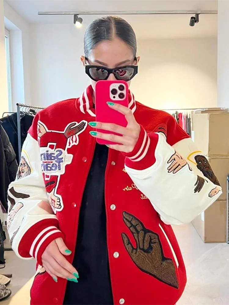 Women\'s coat New jackets Red Embroidered Patch Baseball Y2k Jacket American Casual High Street Fashion Brand Fashion Coat