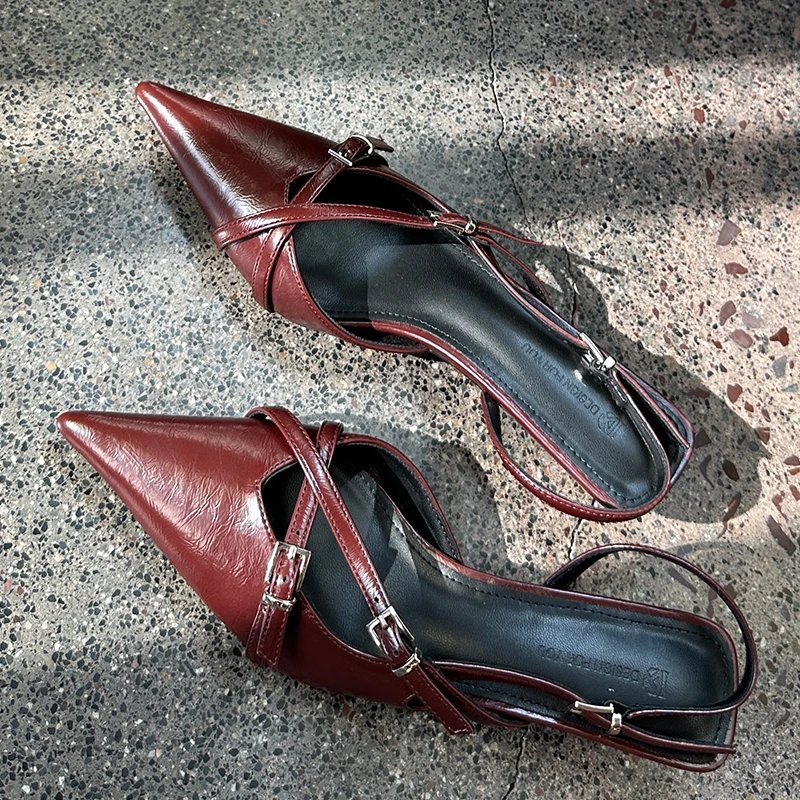 Female Buckle Strap Pumps Wine Red Footwear Women Medium Heels Shoes 2024 Fashion Shallow Pointed Toe Ladies Heels Shoes