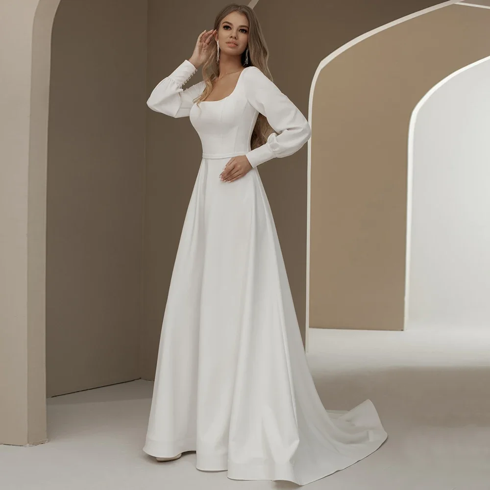 

Simple Wedding Dresses Customized Square Neck Long Sleeves A-line Bridal Gowns Court Train Zipper Back Bridal Dress 2026