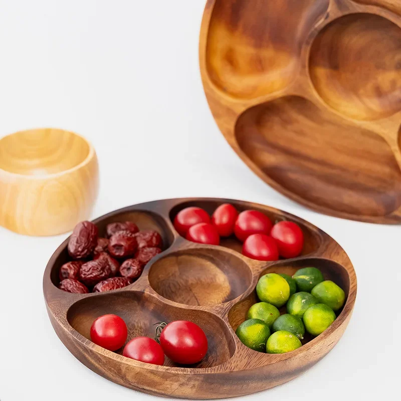 Wooden Divided Serving Trays Food Serving Tray With 5 Dining Grids Round Serving Tray Serving Dishes Perfect For Parties