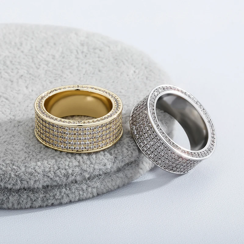 

Size 7-11 Hip Hop 5 Rows CZ Stone Paved Bling Iced Out Round Finger Rings for Men Rapper Jewelry Gold Silver Color