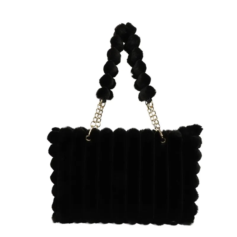 

2026 New Women's Handbag Soft Plush Striped Tote Bag Fashion Fluffy Shoulder Bag with Pom-pom Charm Cozy Clutch Purse for Ladies