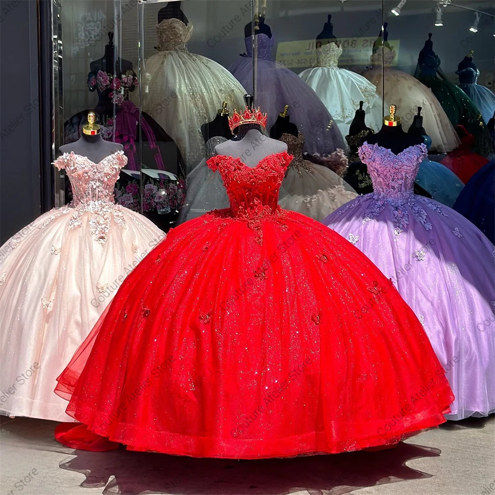 Chic Red butterfly Off The Shoulder Ball Gown abito Quinceanera 2024 Sweet 16 Dress abiti messicani para quinceaeceras