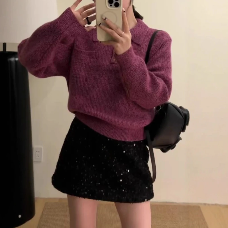 

Raspberry Lapel Pullover Knitted Sweater Women's Fall and Winter Loose Lazy Wind Soft and Glutinous Design Knitted Top