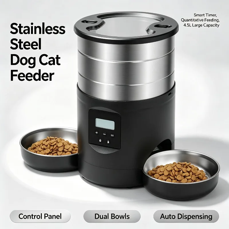 Stainless Steel Pet Feeder, WiFi Automatic Dog Cat Feeder, Smart Timer Quantitative Pet Food Dispenser with 4.5L Large Capacity