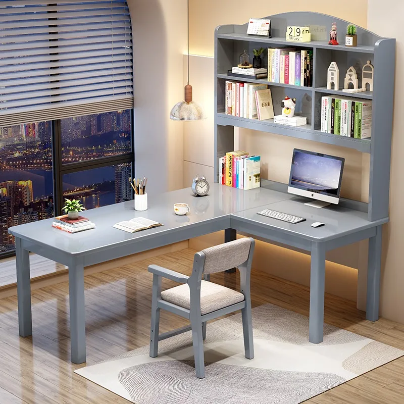 Corner L-shaped solid wood desk bookshelf integrated desktop computer desk