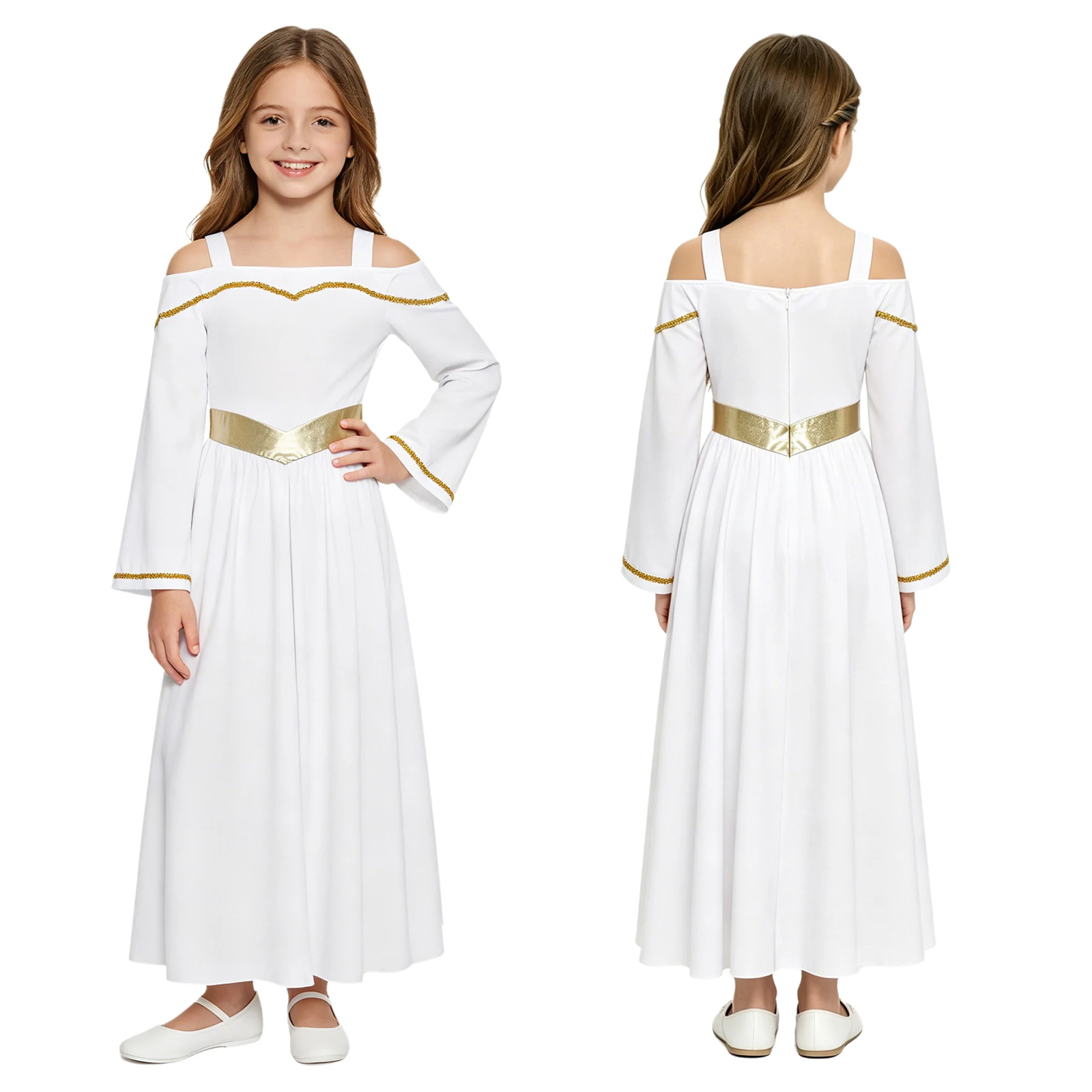 

Kids Girls Angel Tunic Dress Cold Shoulder Long Sleeve Gold Trims Metallic Shiny Waist Maxi Dress Church Worship Pray Costume