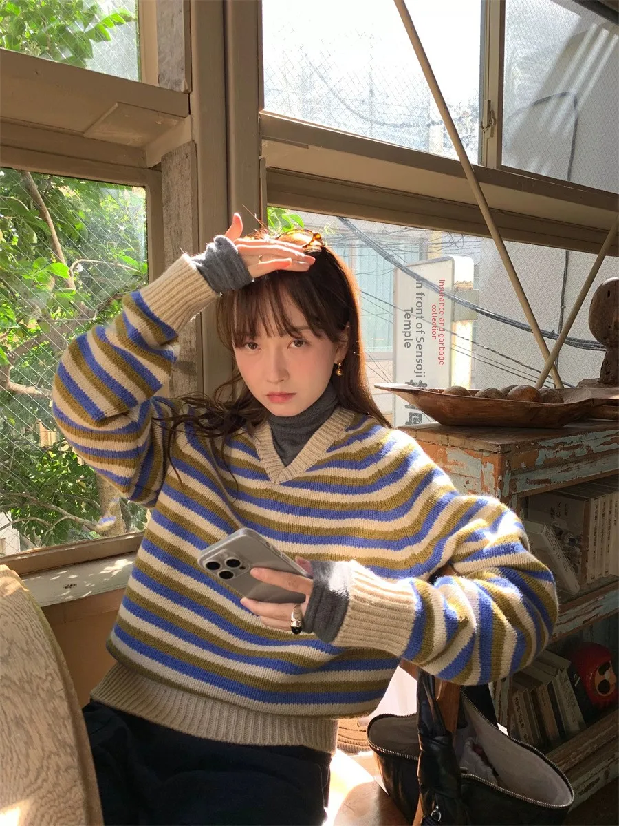 Pull tricoté en laine Color-Blo pour femme, Vintage, Sle V-Ne, Long, rayé, Faion, saison printemps-automne