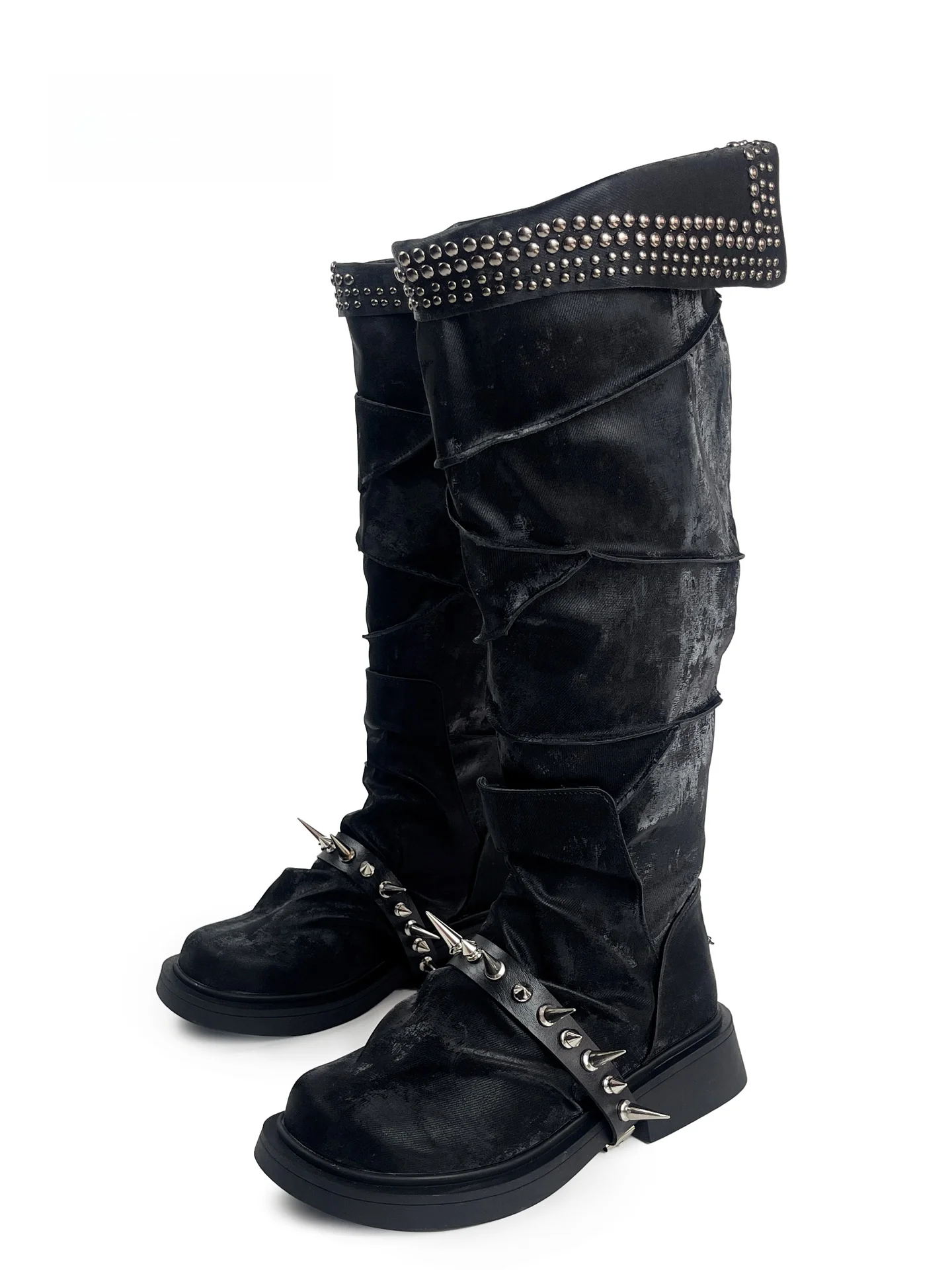 

MibVias Original Dark Gothic Design Fashion Boots Women's Cool Punk Style High Top Booties Nail Head Detailing Winter Wear