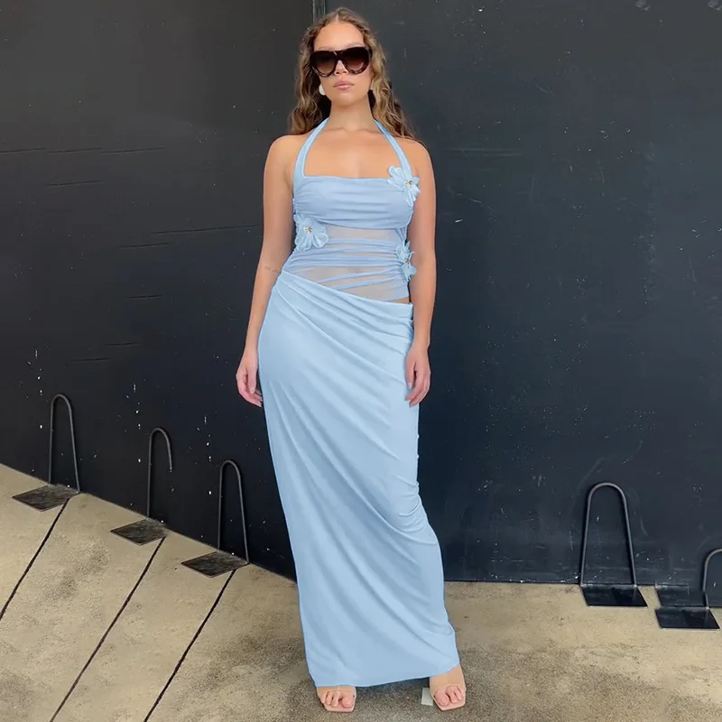 トルノバ 3Dフラワーホルターセクシーロングドレス レディース 2026新作 バケーション服 ファッション メッシュ シースルー スリム レディース ウエストホロードレス