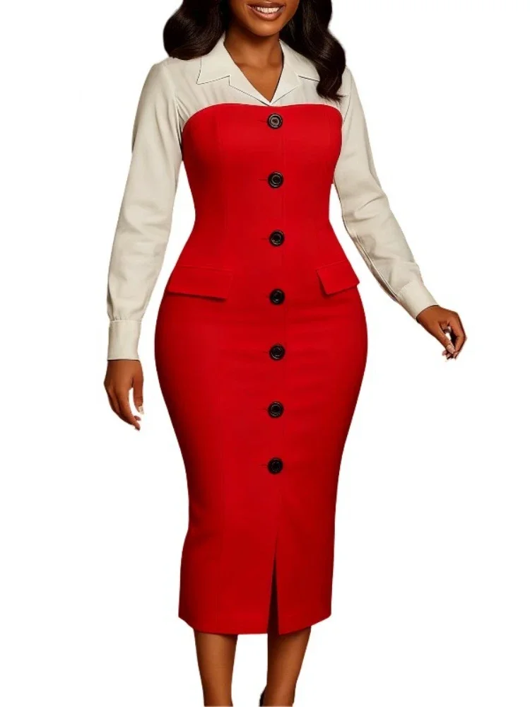 Autumn and winter women's fashion professional long-sleeved suit collar splicing bag hip pencil skirt foreign trade dress 2025