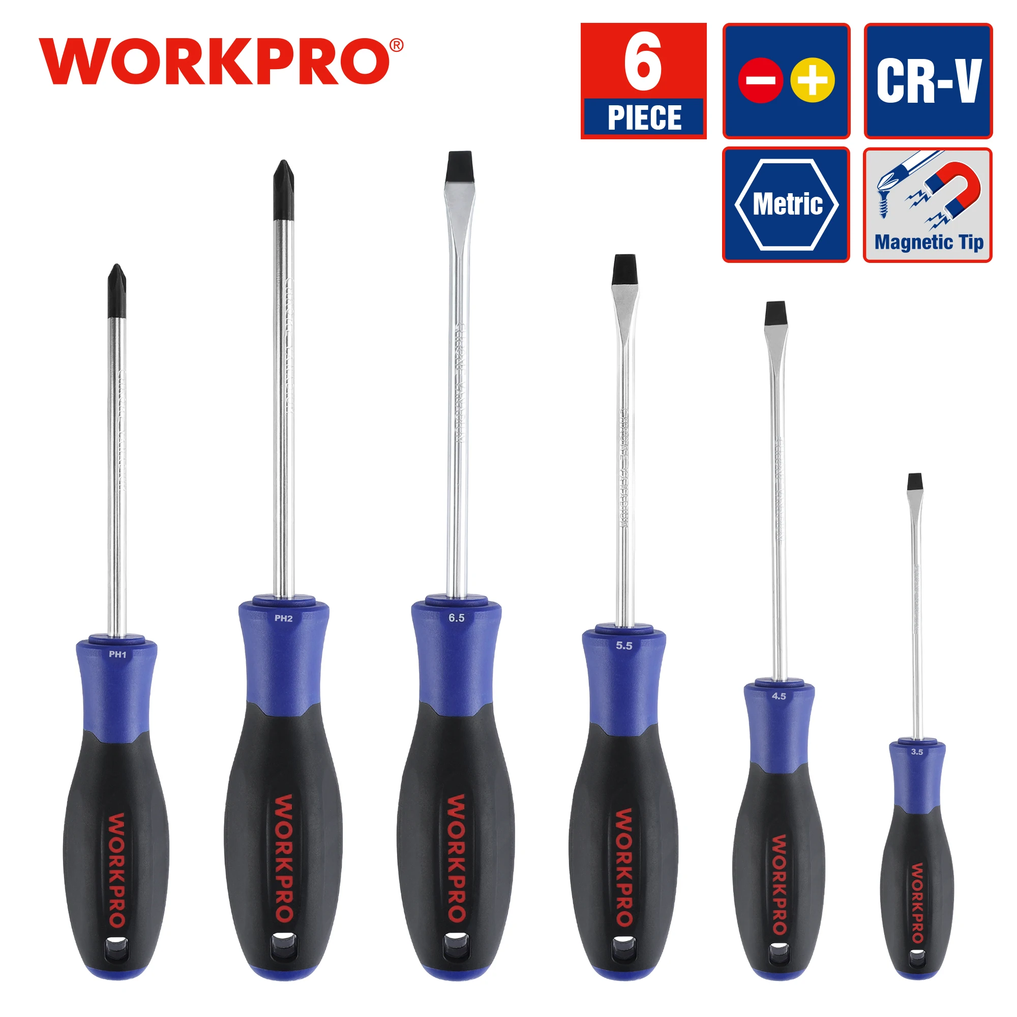 WORKPRO 6PC Screwdriver Set With Magnetic Tips Non-Slip Cr-V Steel Slotted/F Phillips Screwdriver For Home Repair