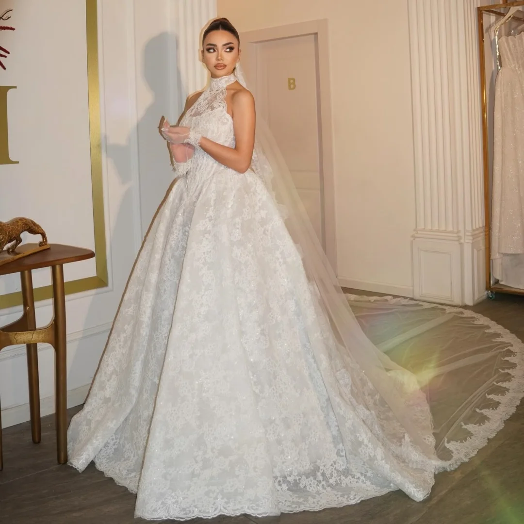 

High Collar Wedding Dresses A Line Lace Appliqued Bridal Gown Arabic Engagement Party Dress Chic robe de mariée Customized