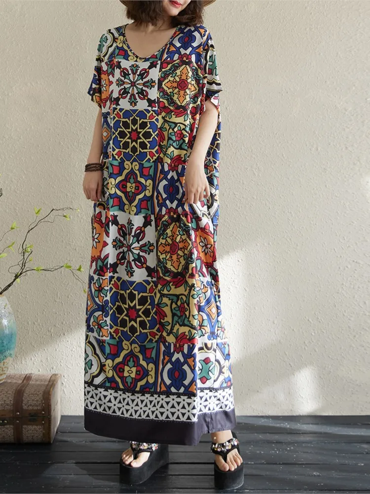 Übergroßes Sommerkleid mit V-Ausschnitt für Damen, geometrischer Blumendruck, modische Damenkleider, lässig, lockere Rüschen, A-Linie, langes Kleid