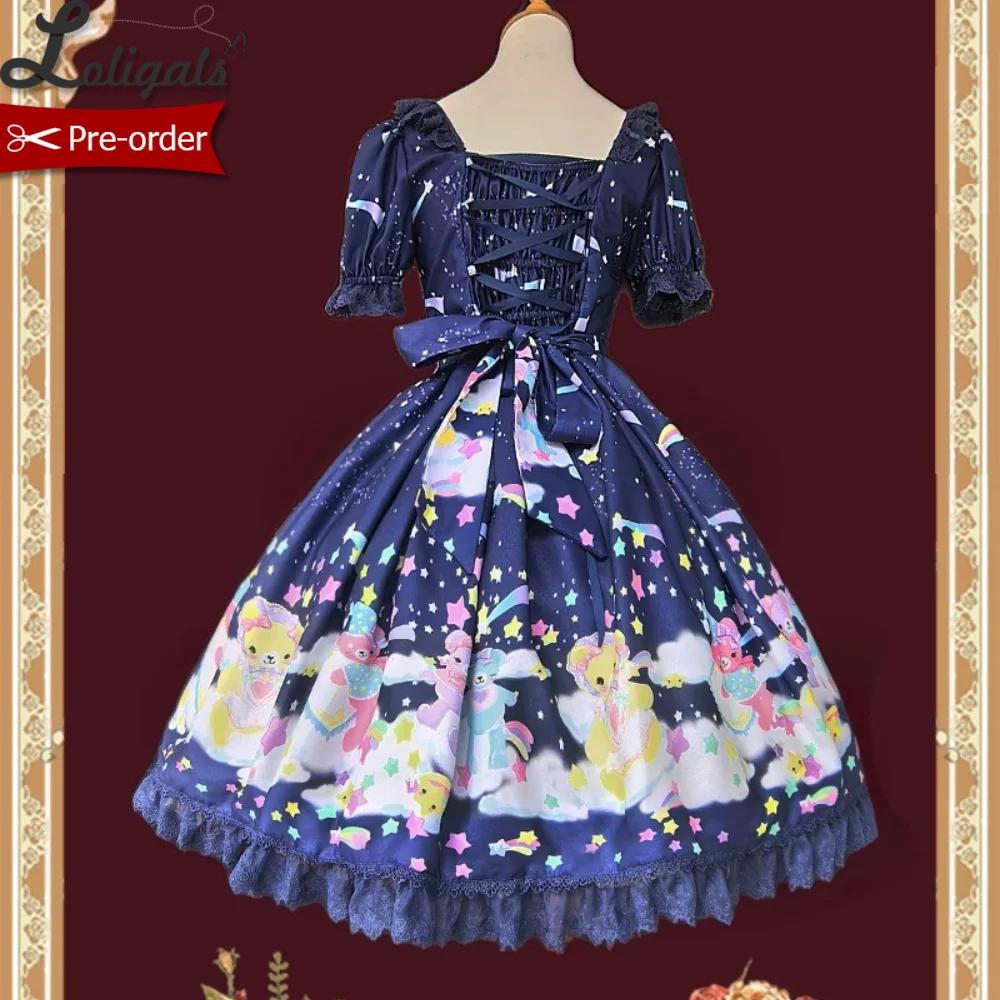 Pre-order Sweet Lolita Dress Retro Printed Chiffon Short Sleeve Midi Party Dress ~ Sleeping Bear by Infanta view 2