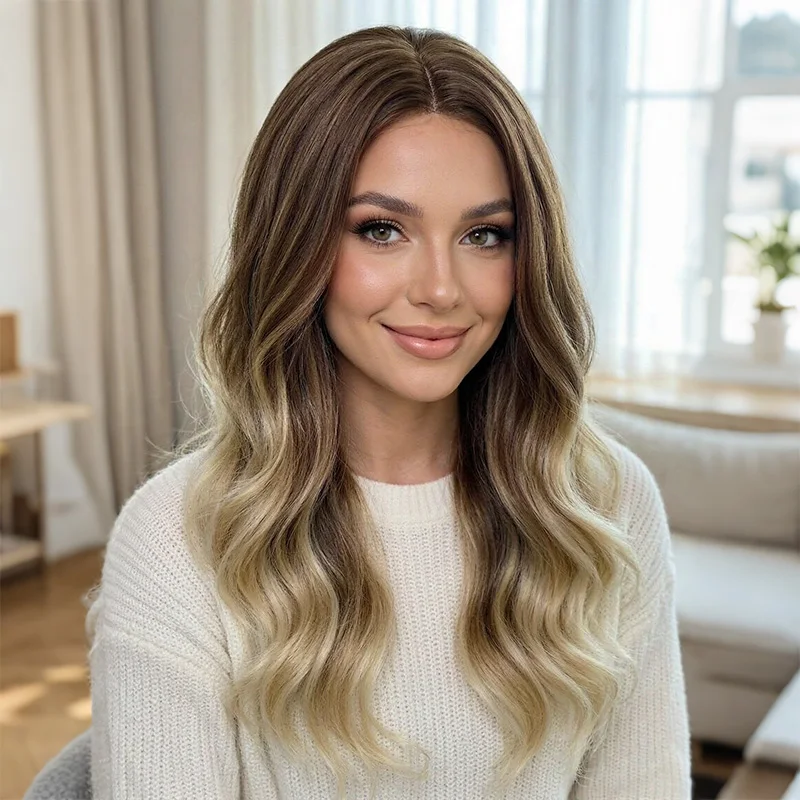 Synthetic Wig Ombre Brown Blonde Gradient Long Wavy Middle Part Hairstyle Natural Look For Daily Party Cosplay Costume Use