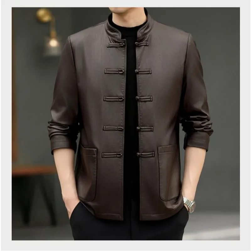 

Faux Leather Jackets Middle-aged Elderly Men Thin Sheepskin Jacket Spring and Autumn Chinese-style Button-down Tang Suit Jackets