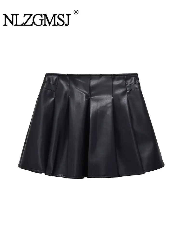 

NLZGMSJ повседневные однотонные плиссированные мини-юбки женские из искусственной кожи трапециевидной формы модные уличные шорты юбки женские High Street Faldas
