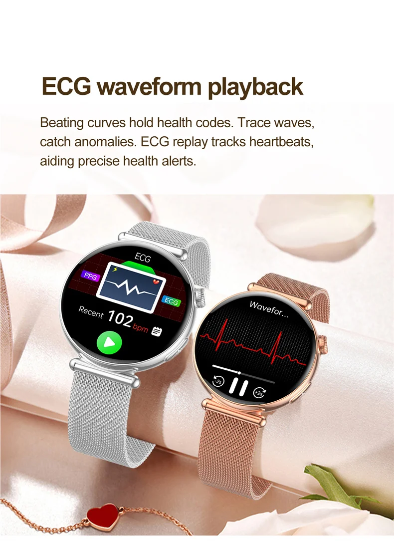Damen-Smartwatch mit 1,32-Zoll-AMOLED-Bildschirm, Anruffunktion, EKG, Sportuhr, Blutdruckmessung, Mikro-Physikalische Untersuchung, KI-Zifferblatt, Damen-Smartwatch – Detail 11