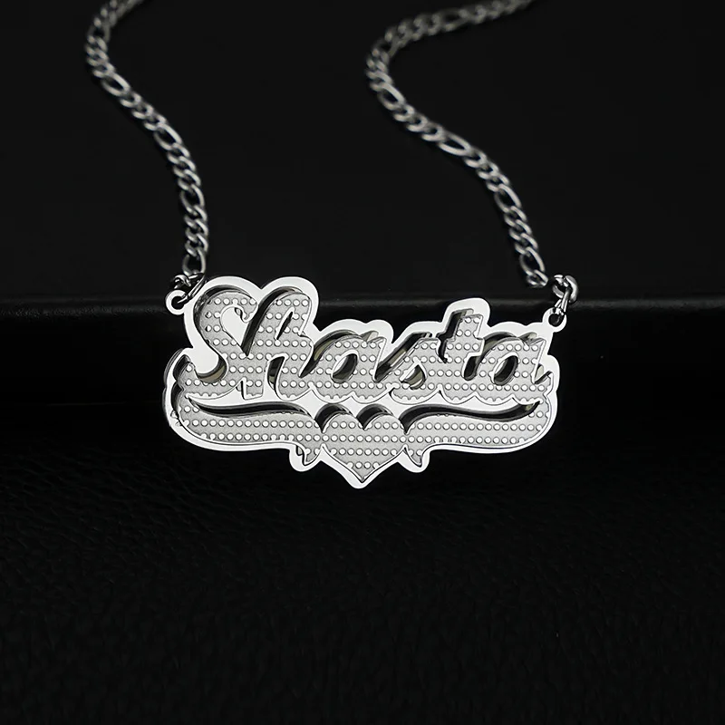 Personalized Double Layer Etched Name Necklace with Love  Stainless Steel Letter Pendant Nameplate Party Birthday Jewelry Gifts