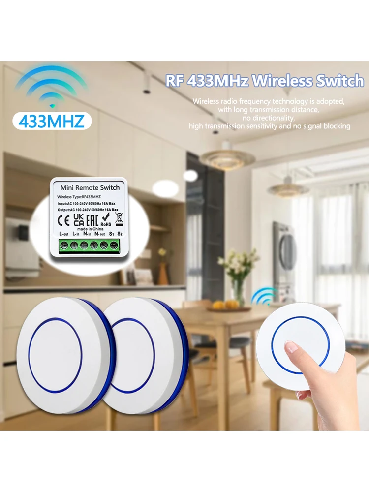 Odbiornik przekaźnikowy Szaoju 10A 433MHz Bezprzewodowy włącznik światła RF Okrągły przycisk zdalnego sterowania 110V 220V 230V Mini moduł Kontroler lamp LED — 2