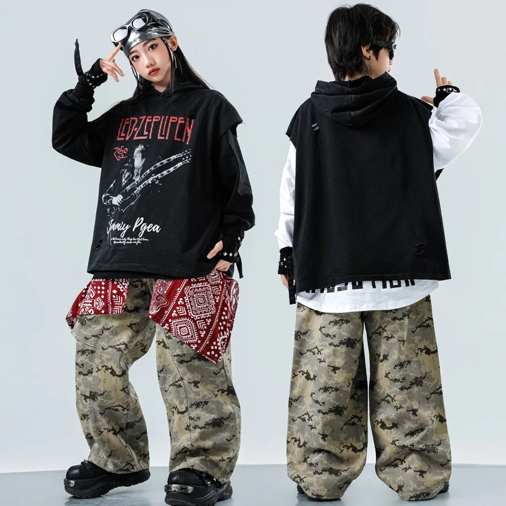 Children's Streetwear Hip Hop Clothing Kids Bosy Grils Sleeveless Hoodies Vest Baggy Pant T-shirt Sets Dance Clothes Tracksuits