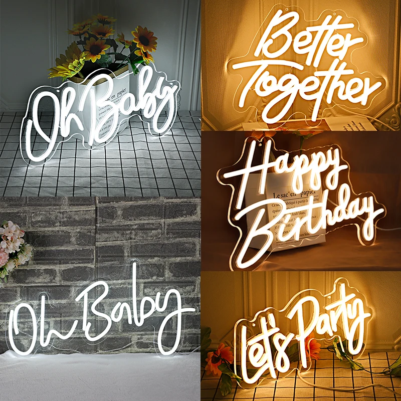 

LED Neon Sign Flex Happy Birthday Neon Lights Handmade With Transparent Acrylic For Birthday Wedding Room Wall Decoration