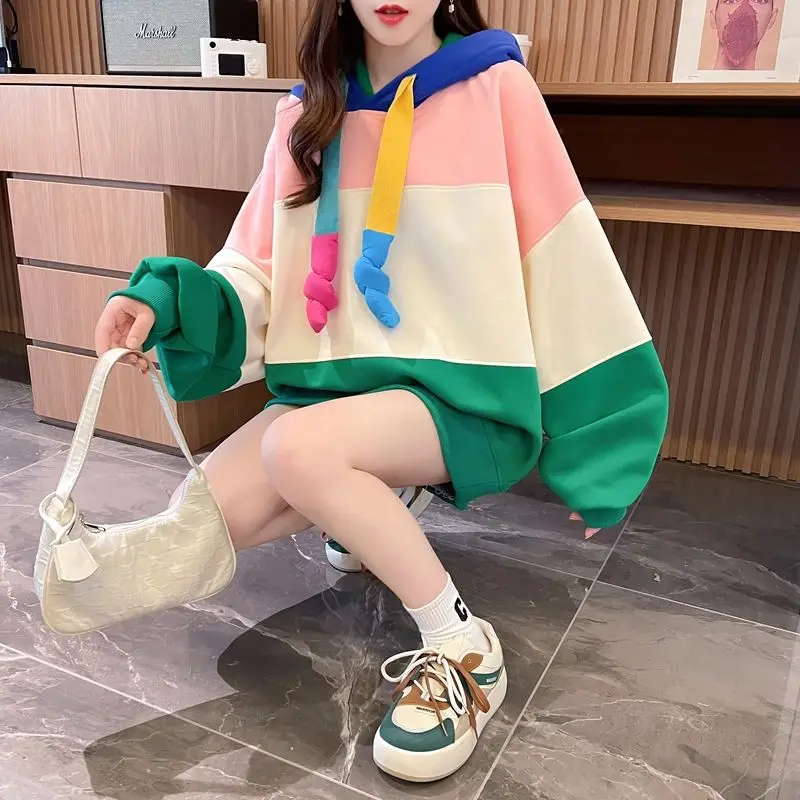 Stitching Contrasting Color Hoodies Women Loose Casual Long-sleeved Sweatshirt Fashion American Oversize Splicing Jacket