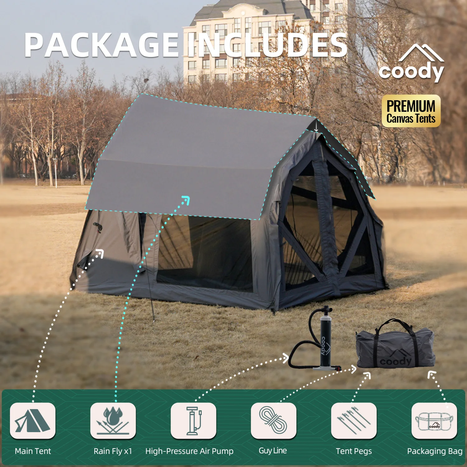 Yustona Air Tent-Gray 2-4 Person Camping Canvas Tent Family Portable Outdoor 4 Season Inflatable Tent